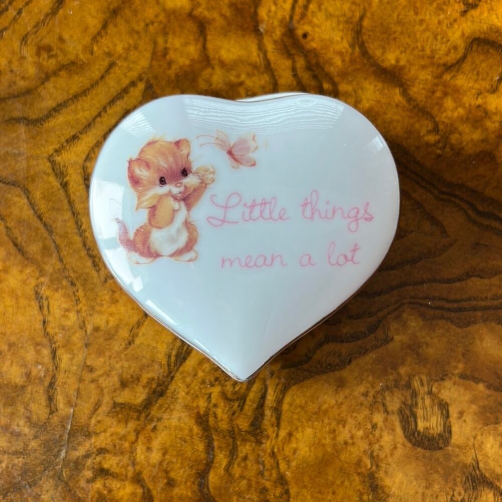 Little Things Mean Alot Porcelain Heart Shape Box with Kitten and Butterfly